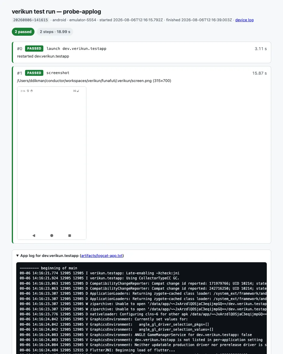 The same report with the device-log accordion expanded, showing logcat output